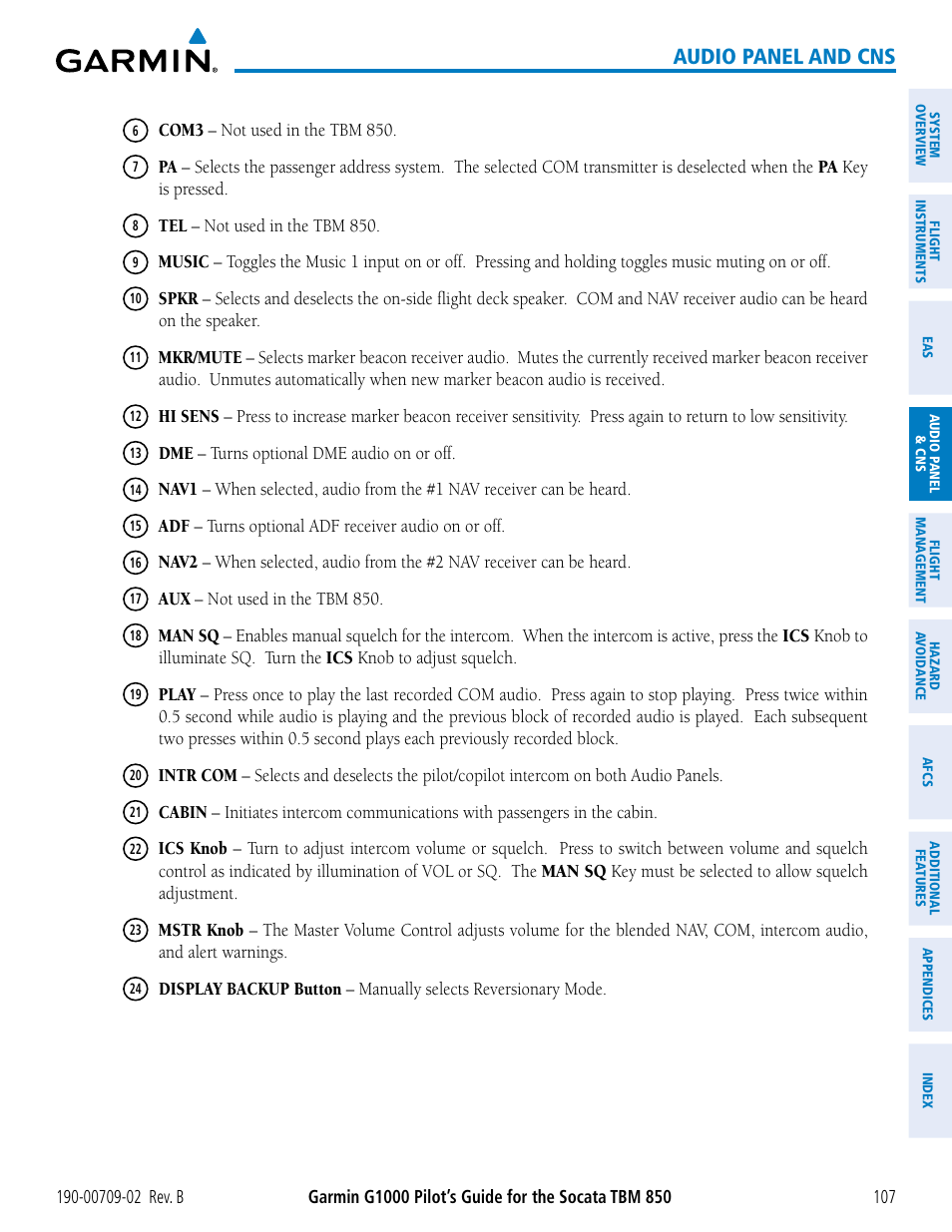 Audio panel and cns | Garmin G1000 Socata TBM 850 User Manual | Page 121 / 600