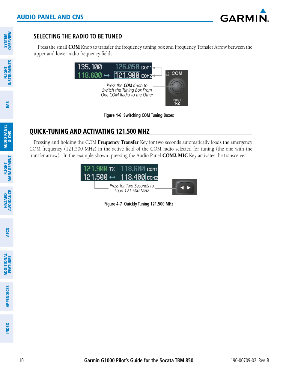 Quick-tuning and activating 121.500 mhz, Audio panel and cns, Selecting the radio to be tuned | Garmin G1000 Socata TBM 850 User Manual | Page 124 / 600