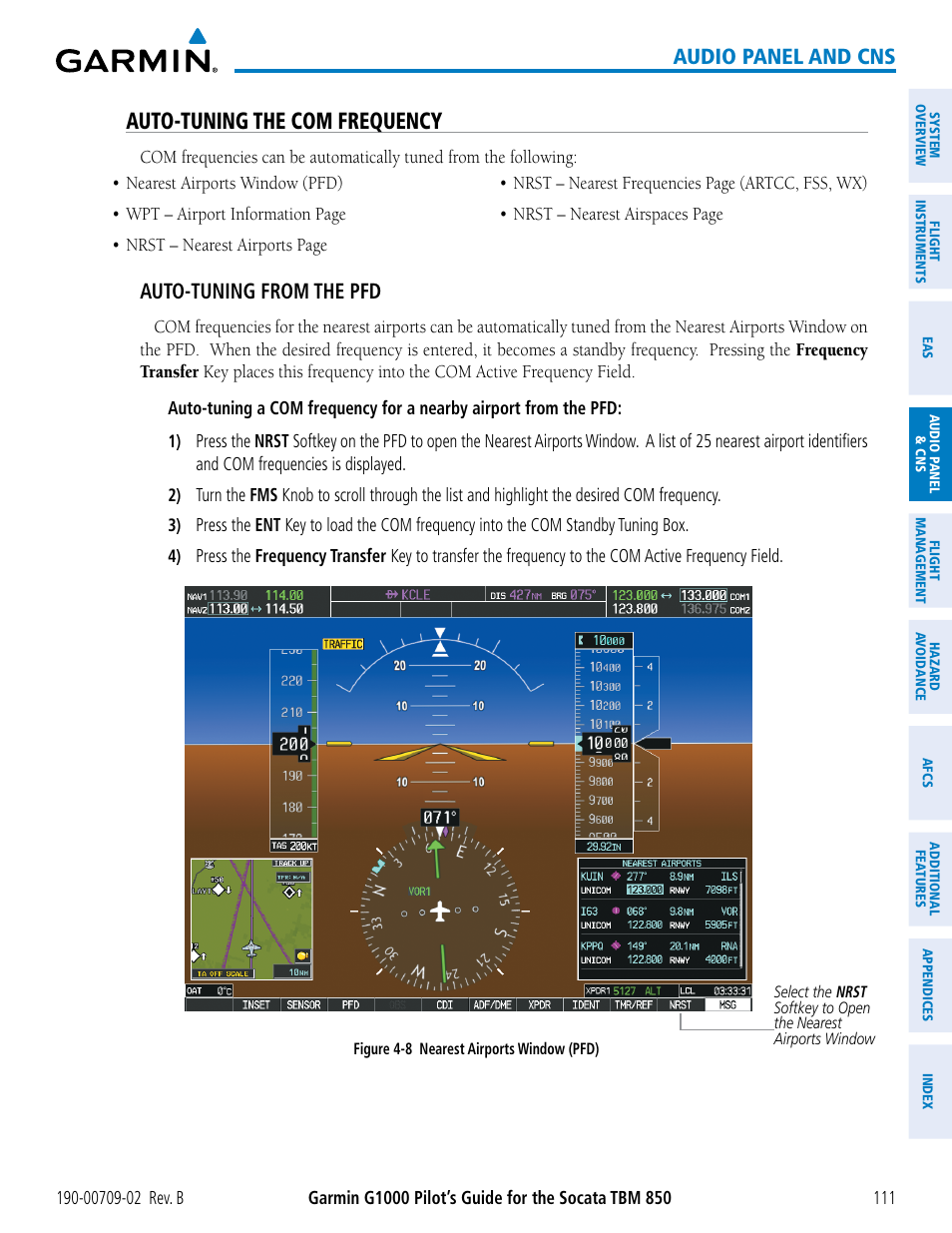 Auto-tuning the com frequency, Audio panel and cns, Auto-tuning from the pfd | Garmin G1000 Socata TBM 850 User Manual | Page 125 / 600