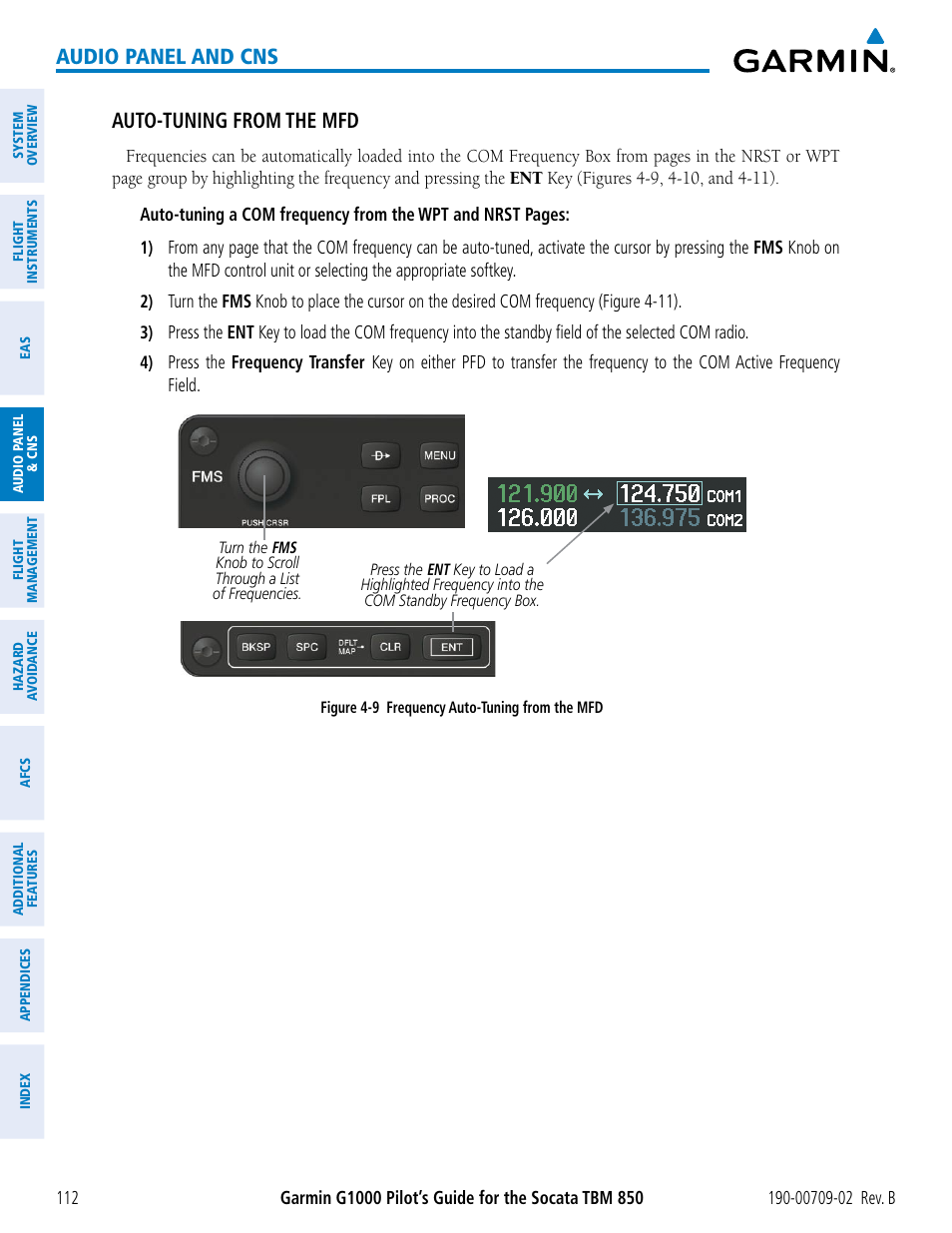 Audio panel and cns, Auto-tuning from the mfd | Garmin G1000 Socata TBM 850 User Manual | Page 126 / 600