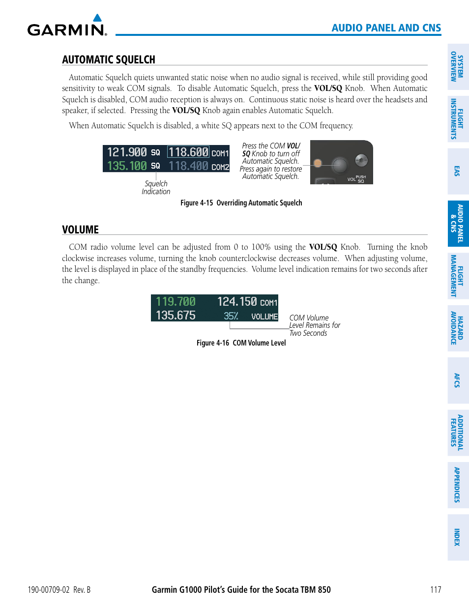 Automatic squelch, Volume, Audio panel and cns | Garmin G1000 Socata TBM 850 User Manual | Page 131 / 600