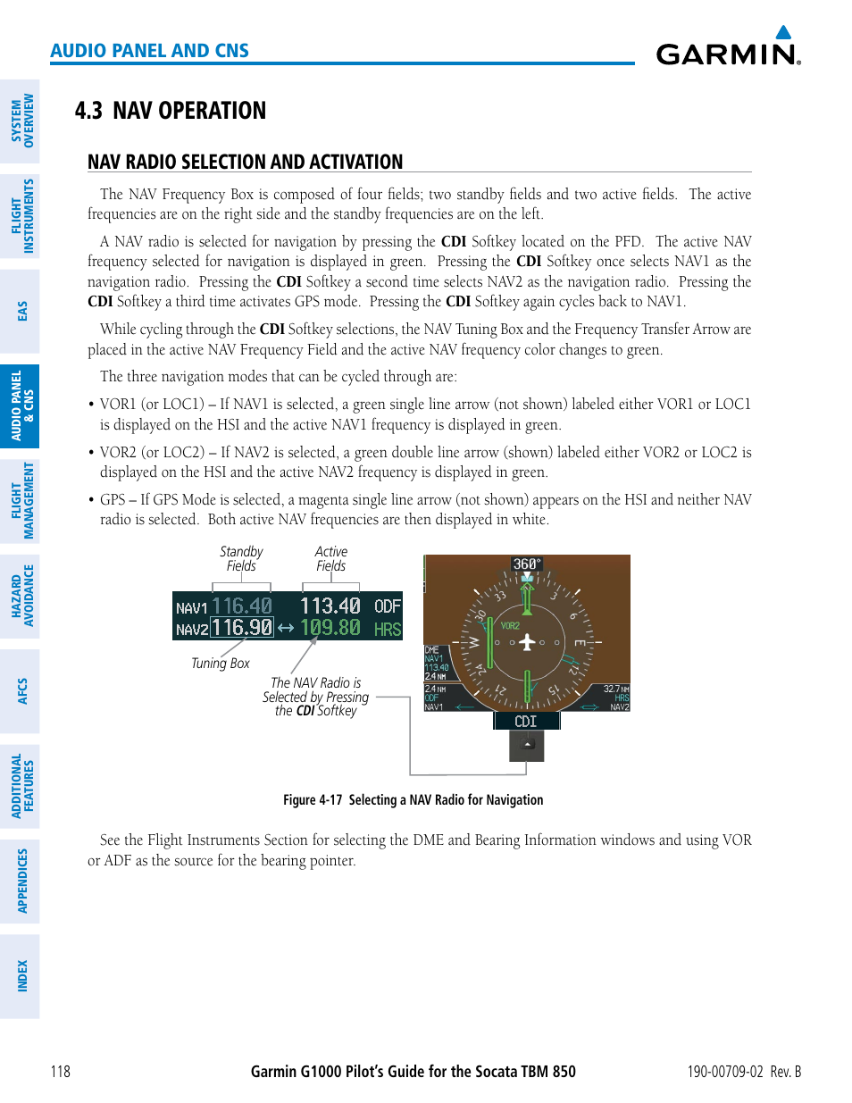 3 nav operation, Nav radio selection and activation, Audio panel and cns | Garmin G1000 Socata TBM 850 User Manual | Page 132 / 600