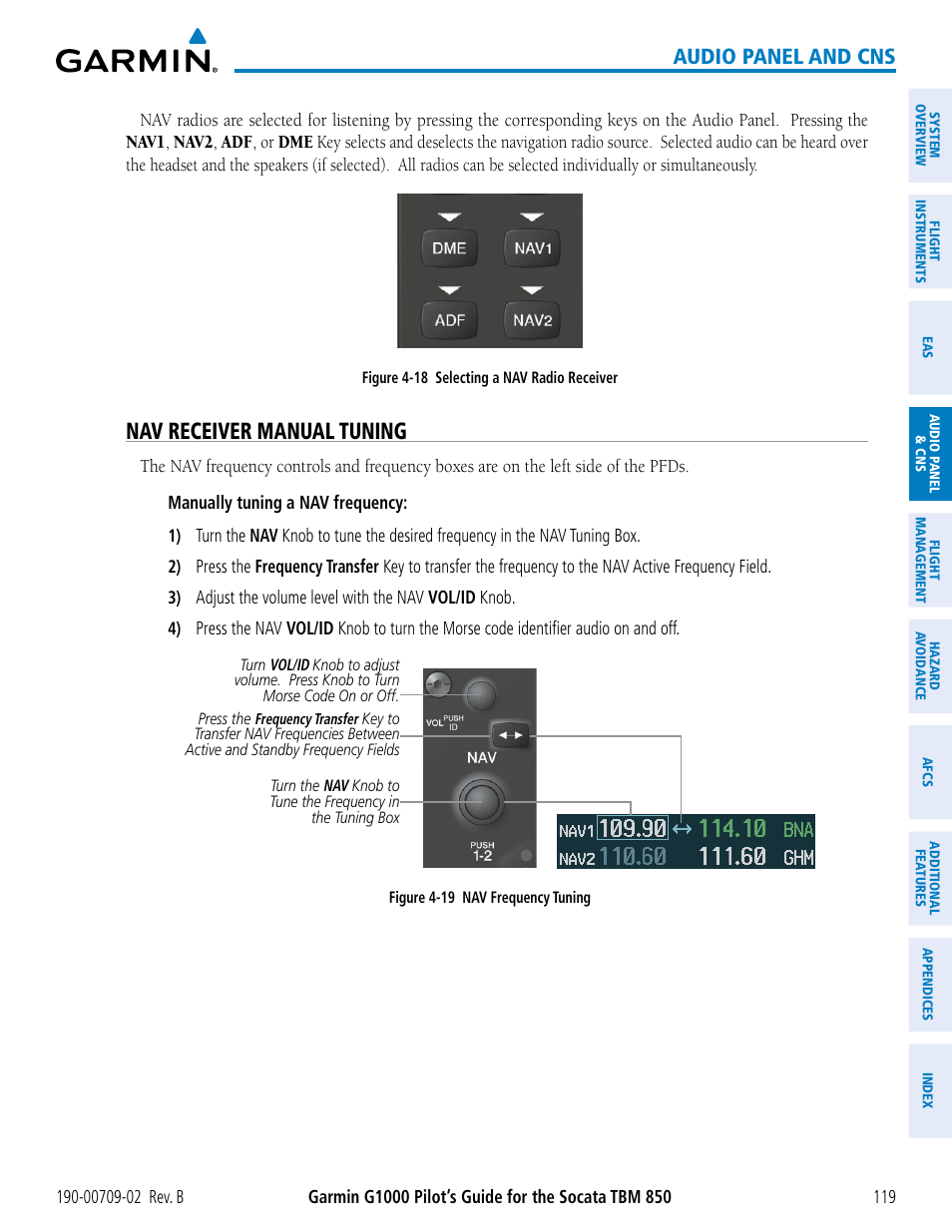 Nav receiver manual tuning, Audio panel and cns | Garmin G1000 Socata TBM 850 User Manual | Page 133 / 600