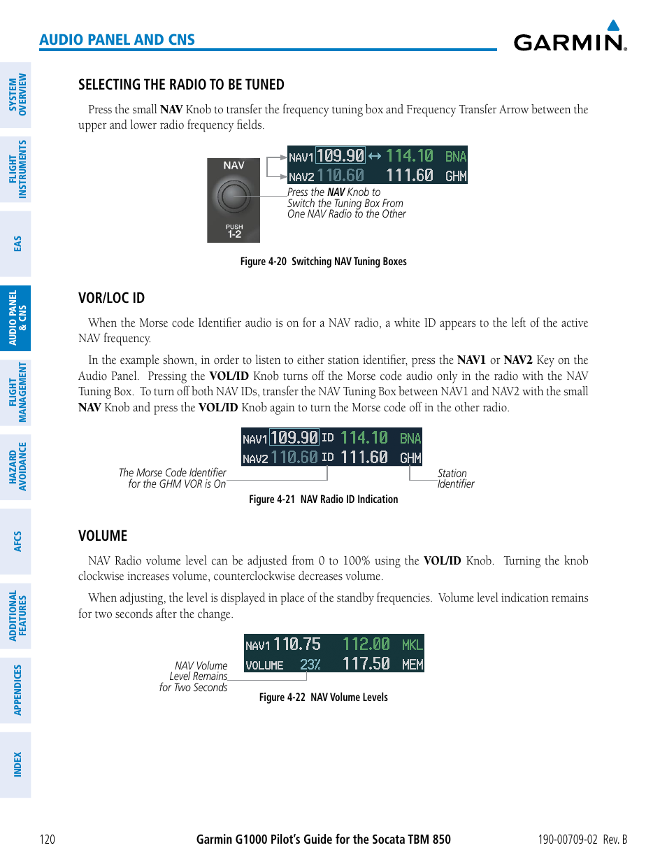 Audio panel and cns, Selecting the radio to be tuned, Vor/loc id | Volume | Garmin G1000 Socata TBM 850 User Manual | Page 134 / 600