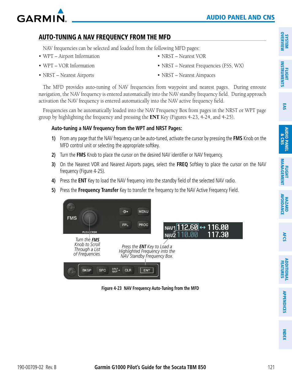 Auto-tuning a nav frequency from the mfd, Audio panel and cns | Garmin G1000 Socata TBM 850 User Manual | Page 135 / 600