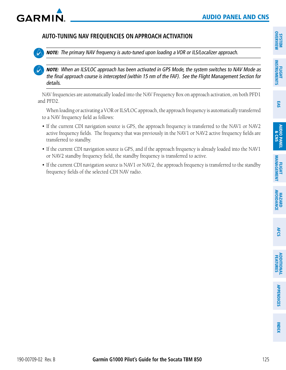 Audio panel and cns, Auto-tuning nav frequencies on approach activation | Garmin G1000 Socata TBM 850 User Manual | Page 139 / 600