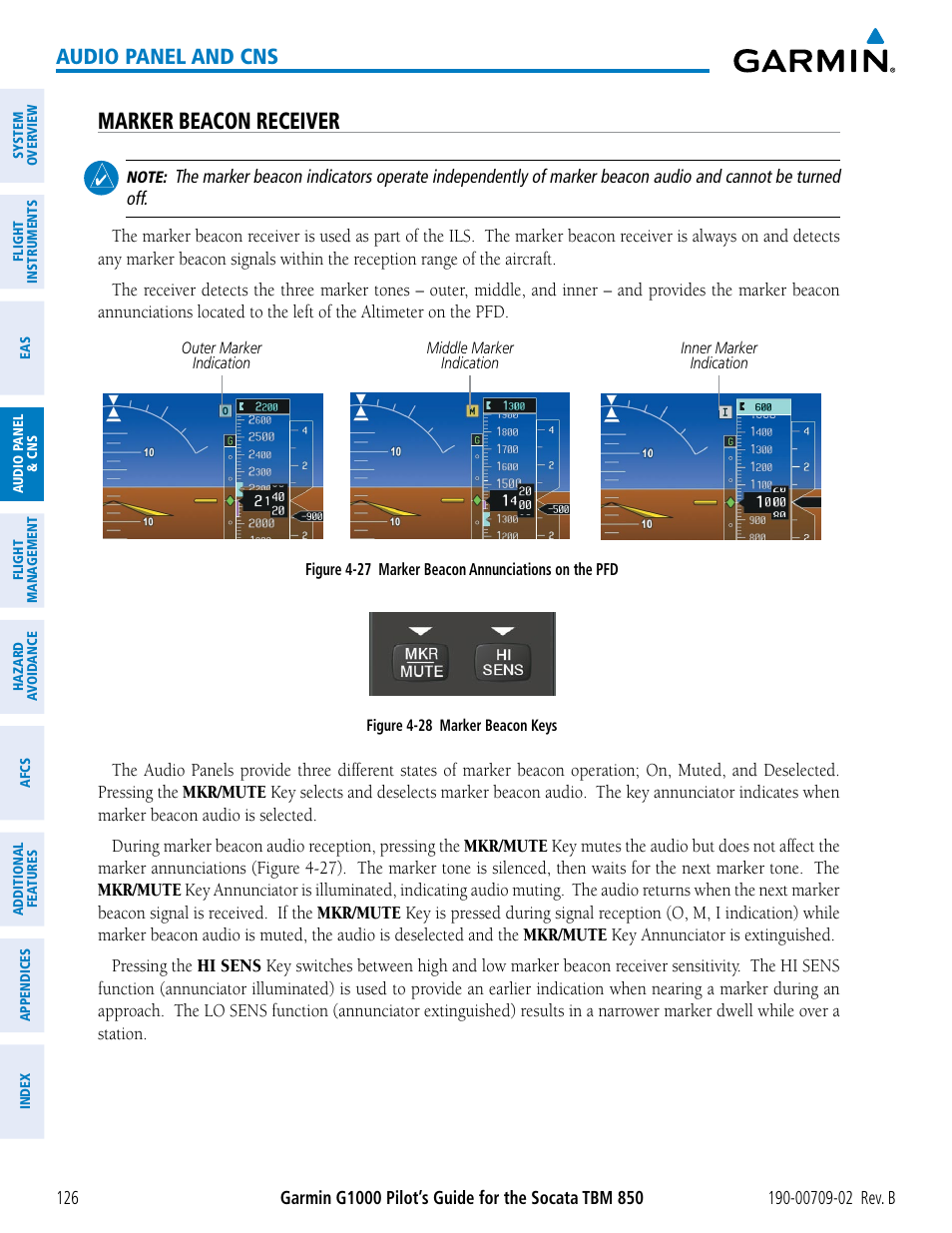 Marker beacon receiver, Audio panel and cns | Garmin G1000 Socata TBM 850 User Manual | Page 140 / 600