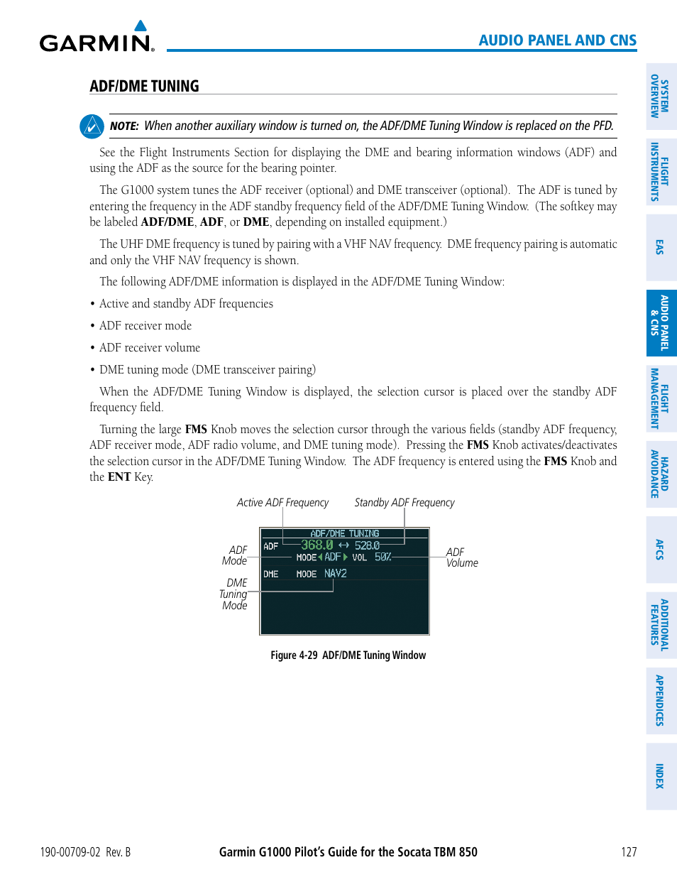 Adf/dme tuning, Audio panel and cns | Garmin G1000 Socata TBM 850 User Manual | Page 141 / 600