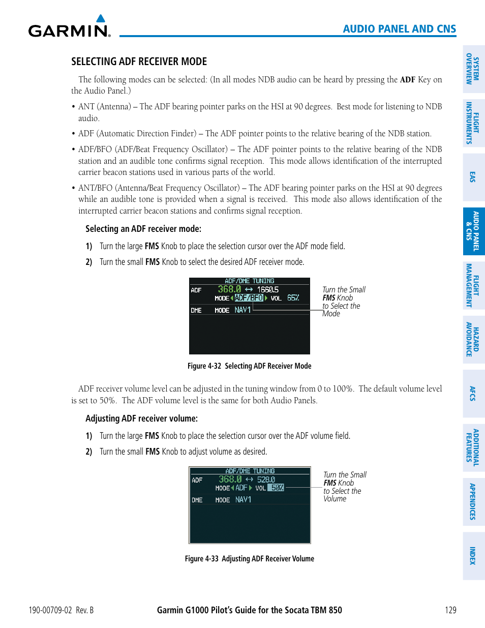 Audio panel and cns, Selecting adf receiver mode | Garmin G1000 Socata TBM 850 User Manual | Page 143 / 600