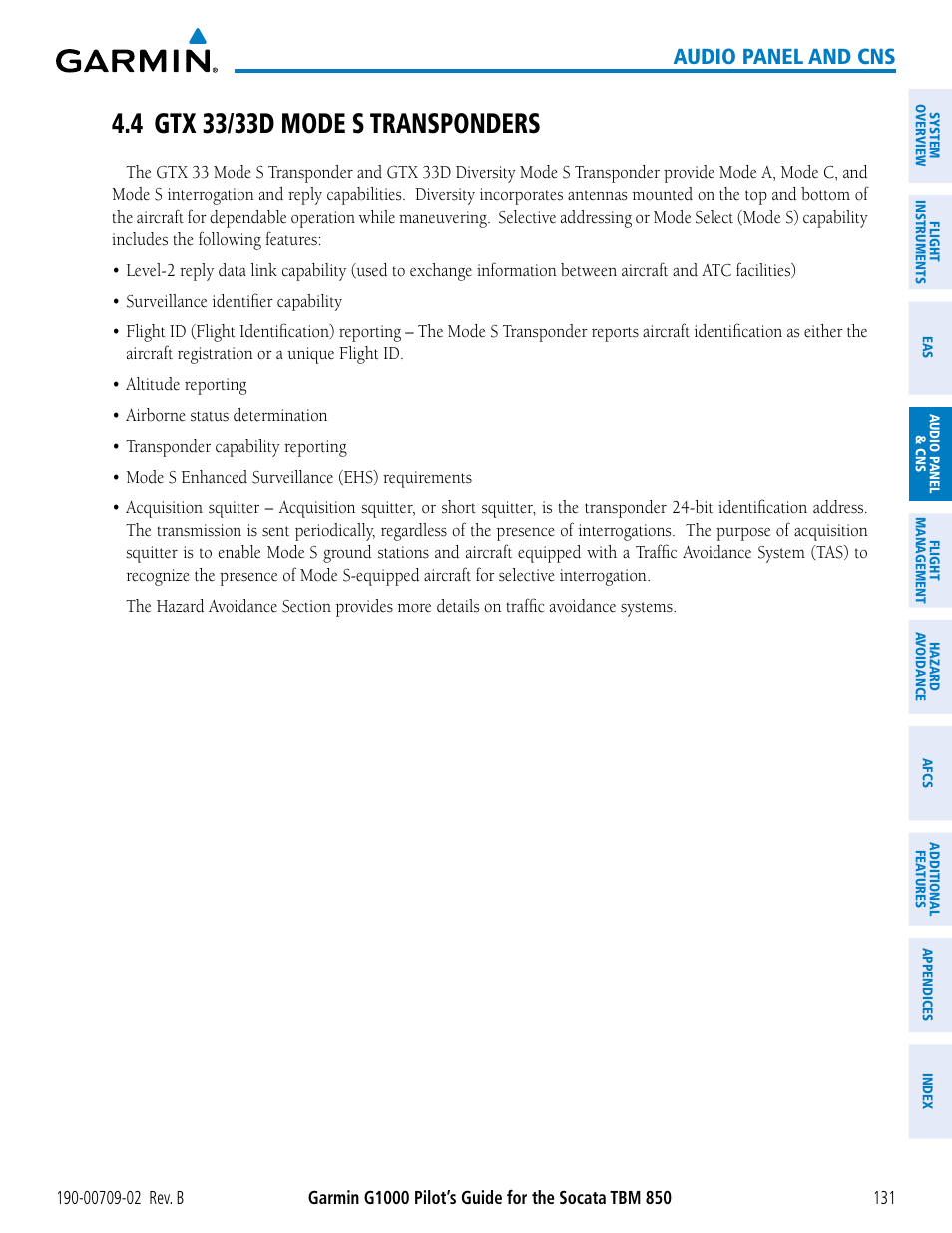 4 gtx 33/33d mode s transponders, Audio panel and cns | Garmin G1000 Socata TBM 850 User Manual | Page 145 / 600