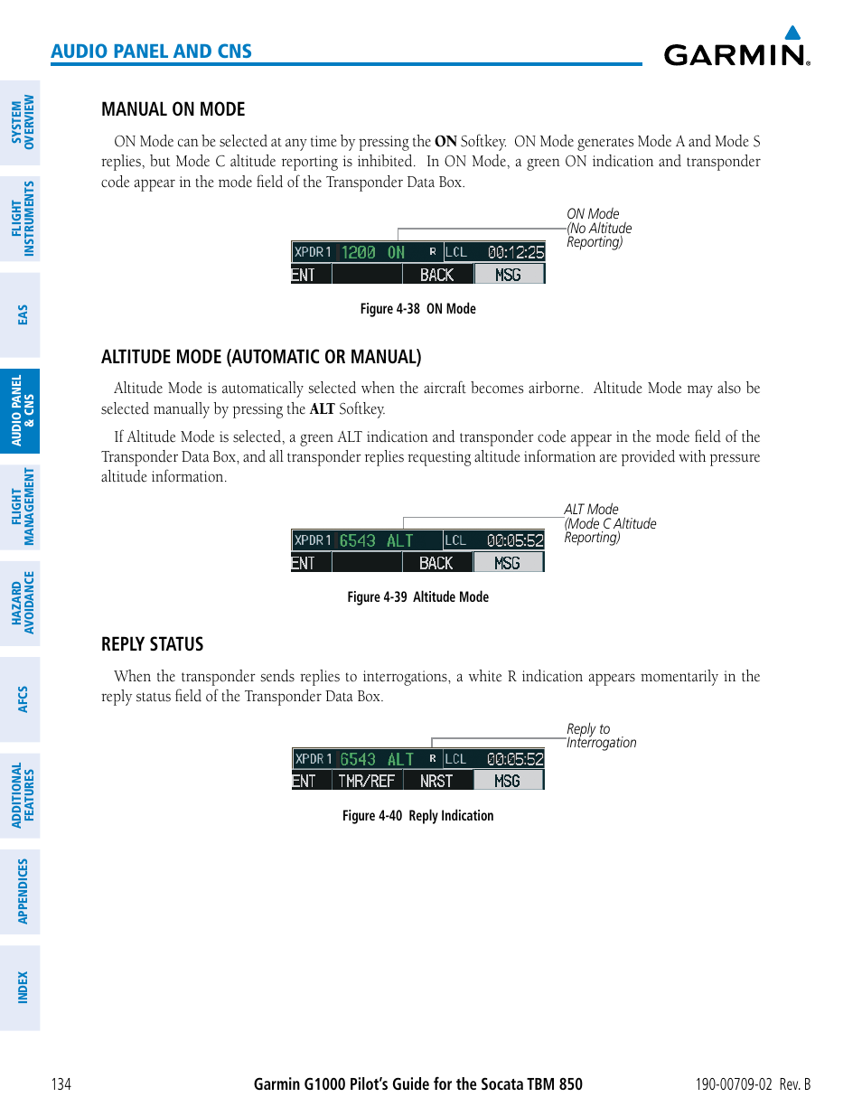 Audio panel and cns, Manual on mode, Altitude mode (automatic or manual) | Reply status | Garmin G1000 Socata TBM 850 User Manual | Page 148 / 600