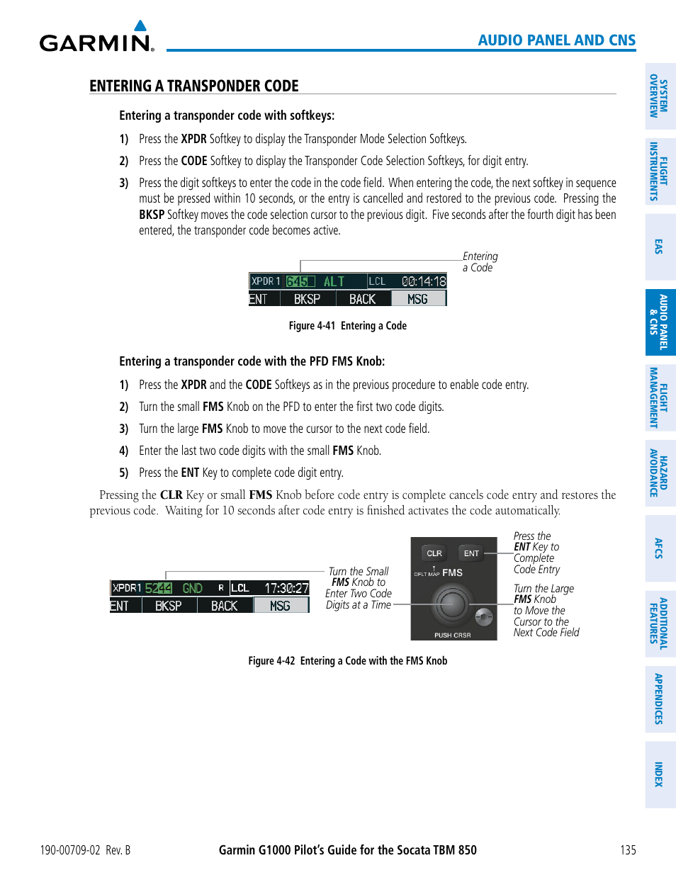 Entering a transponder code, Audio panel and cns | Garmin G1000 Socata TBM 850 User Manual | Page 149 / 600