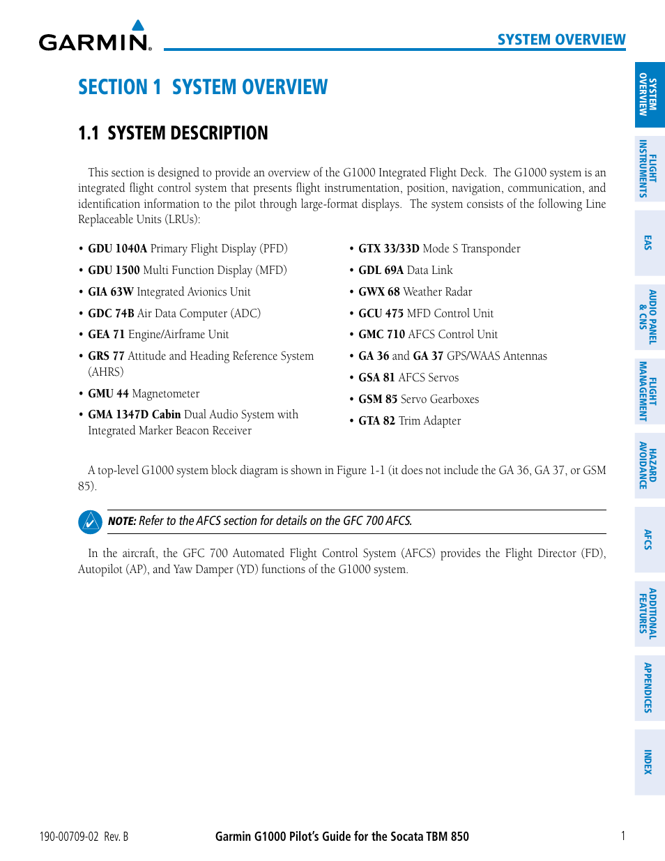 Section 1 system overview, 1 system description, System overview | Garmin G1000 Socata TBM 850 User Manual | Page 15 / 600