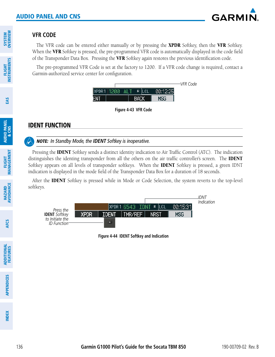 Ident function, Audio panel and cns, Vfr code | Garmin G1000 Socata TBM 850 User Manual | Page 150 / 600