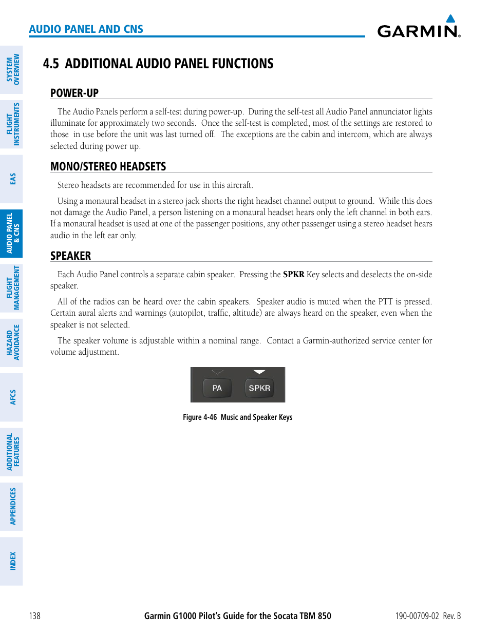 5 additional audio panel functions, Power-up, Mono/stereo headsets | Speaker, Audio panel and cns | Garmin G1000 Socata TBM 850 User Manual | Page 152 / 600