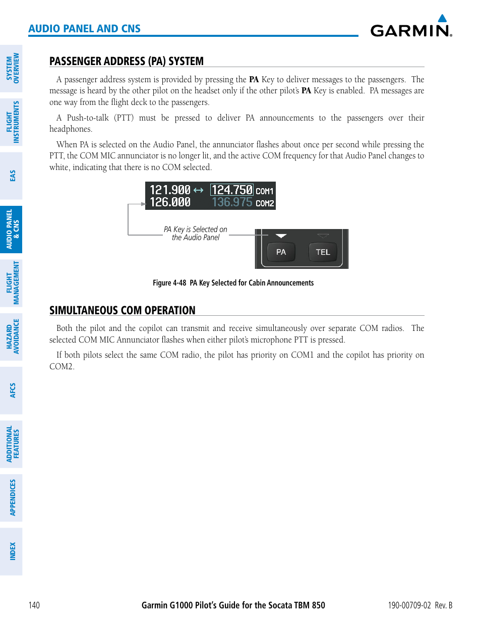 Passenger address (pa) system, Simultaneous com operation, Audio panel and cns | Garmin G1000 Socata TBM 850 User Manual | Page 154 / 600