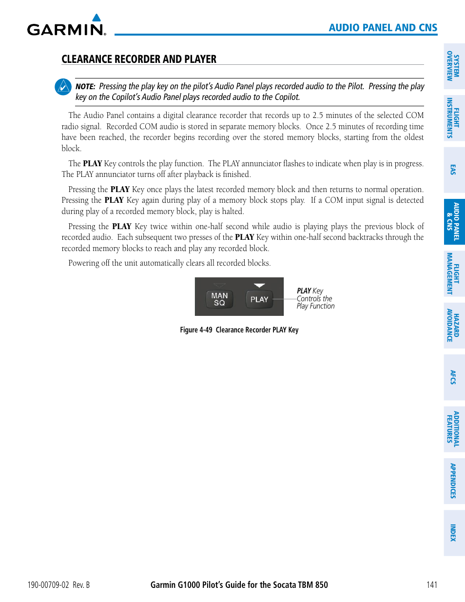 Clearance recorder and player, Audio panel and cns | Garmin G1000 Socata TBM 850 User Manual | Page 155 / 600