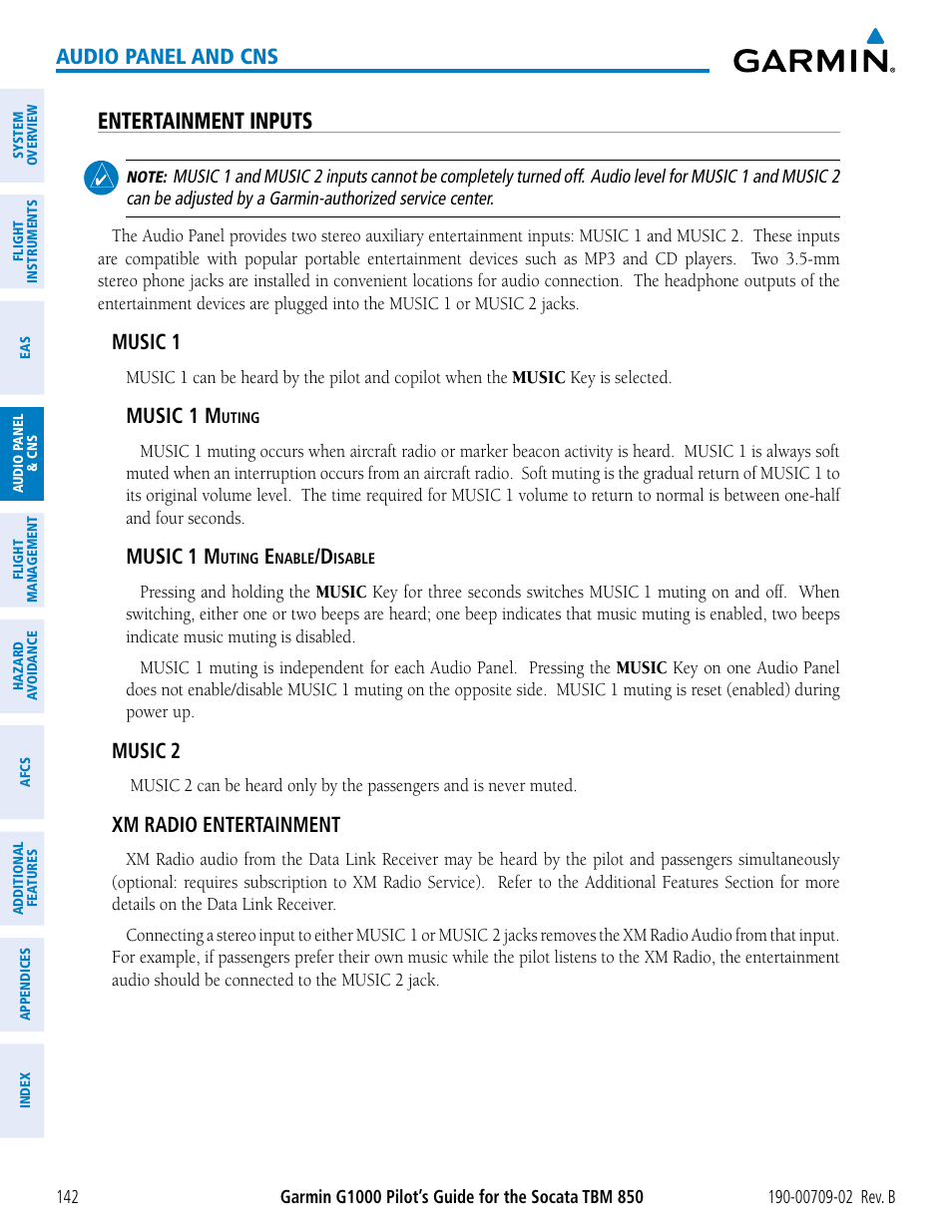 Entertainment inputs, Audio panel and cns, Music 1 | Music 1 m, Music, Xm radio entertainment | Garmin G1000 Socata TBM 850 User Manual | Page 156 / 600