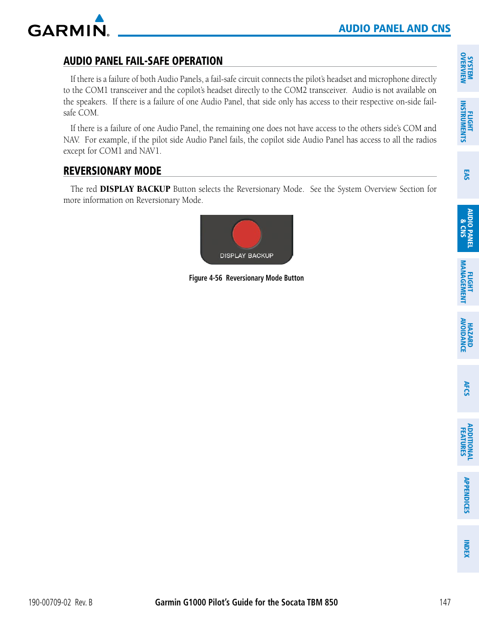 Audio panel fail-safe operation, Reversionary mode, Audio panel and cns | Garmin G1000 Socata TBM 850 User Manual | Page 161 / 600