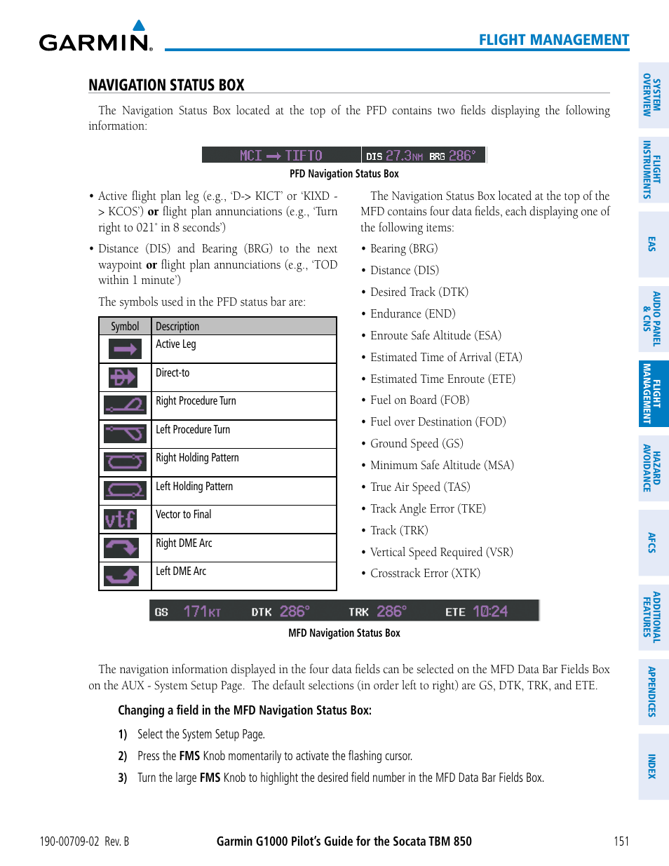 Navigation status box, Flight management | Garmin G1000 Socata TBM 850 User Manual | Page 165 / 600