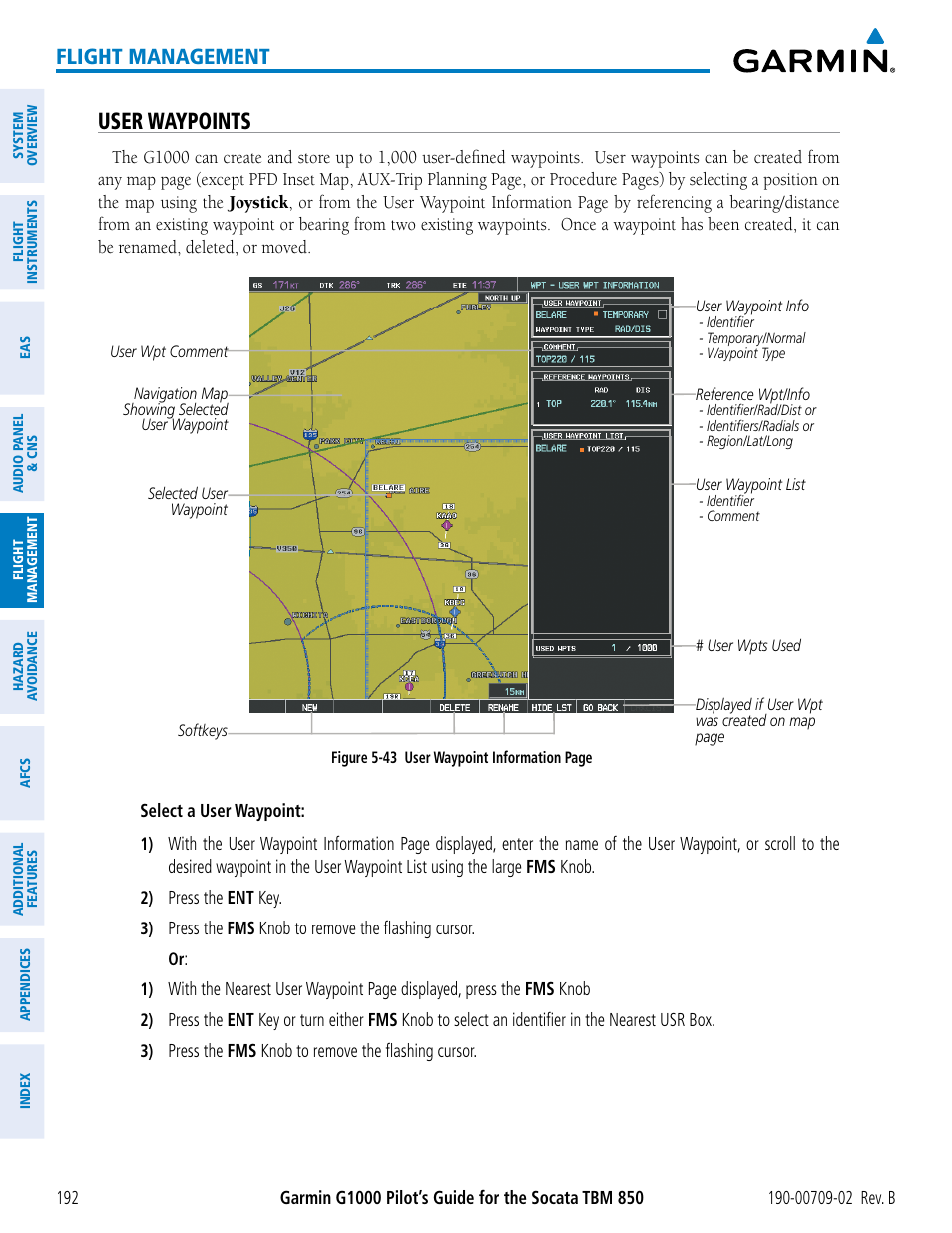 User waypoints, Flight management | Garmin G1000 Socata TBM 850 User Manual | Page 206 / 600