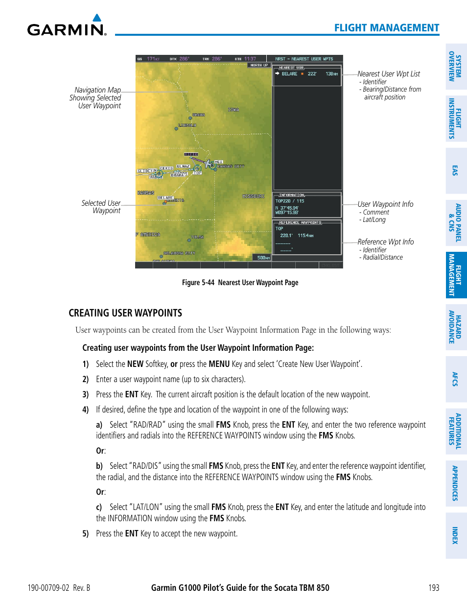 Flight management, Creating user waypoints | Garmin G1000 Socata TBM 850 User Manual | Page 207 / 600