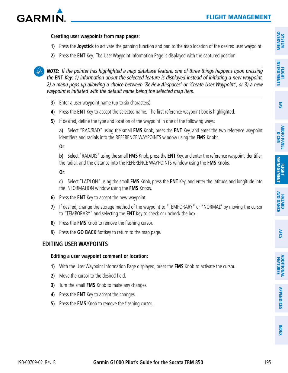 Flight management, Editing user waypoints | Garmin G1000 Socata TBM 850 User Manual | Page 209 / 600