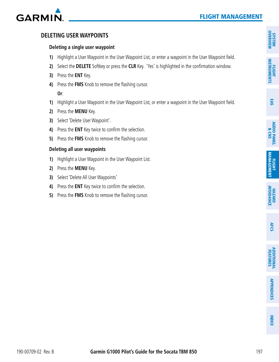 Flight management, Deleting user waypoints | Garmin G1000 Socata TBM 850 User Manual | Page 211 / 600