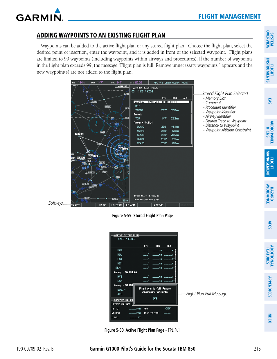 Adding waypoints to an existing flight plan, Flight management | Garmin G1000 Socata TBM 850 User Manual | Page 229 / 600