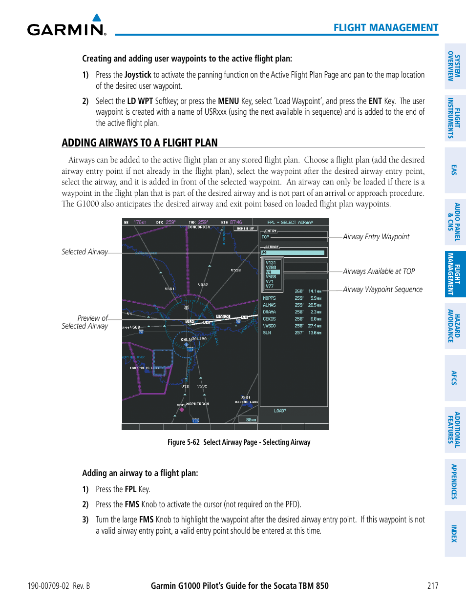 Adding airways to a flight plan, Flight management | Garmin G1000 Socata TBM 850 User Manual | Page 231 / 600