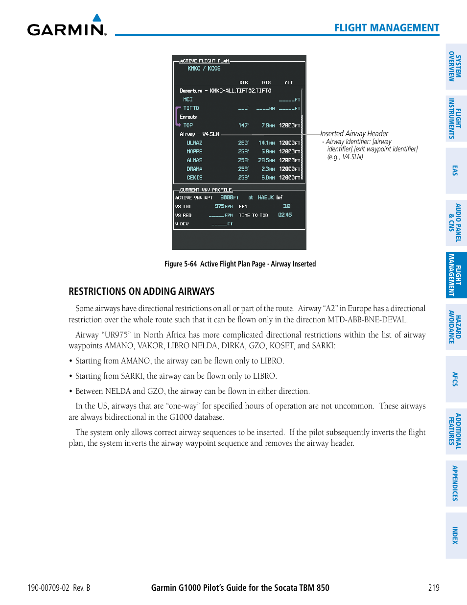 Flight management, Restrictions on adding airways | Garmin G1000 Socata TBM 850 User Manual | Page 233 / 600