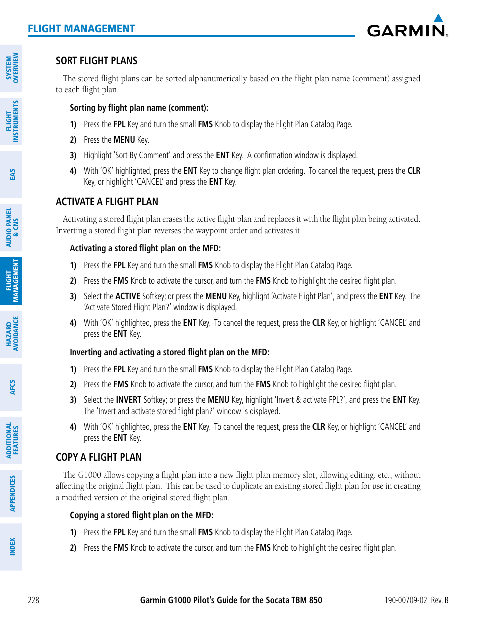 Flight management, Sort flight plans, Activate a flight plan | Copy a flight plan | Garmin G1000 Socata TBM 850 User Manual | Page 242 / 600