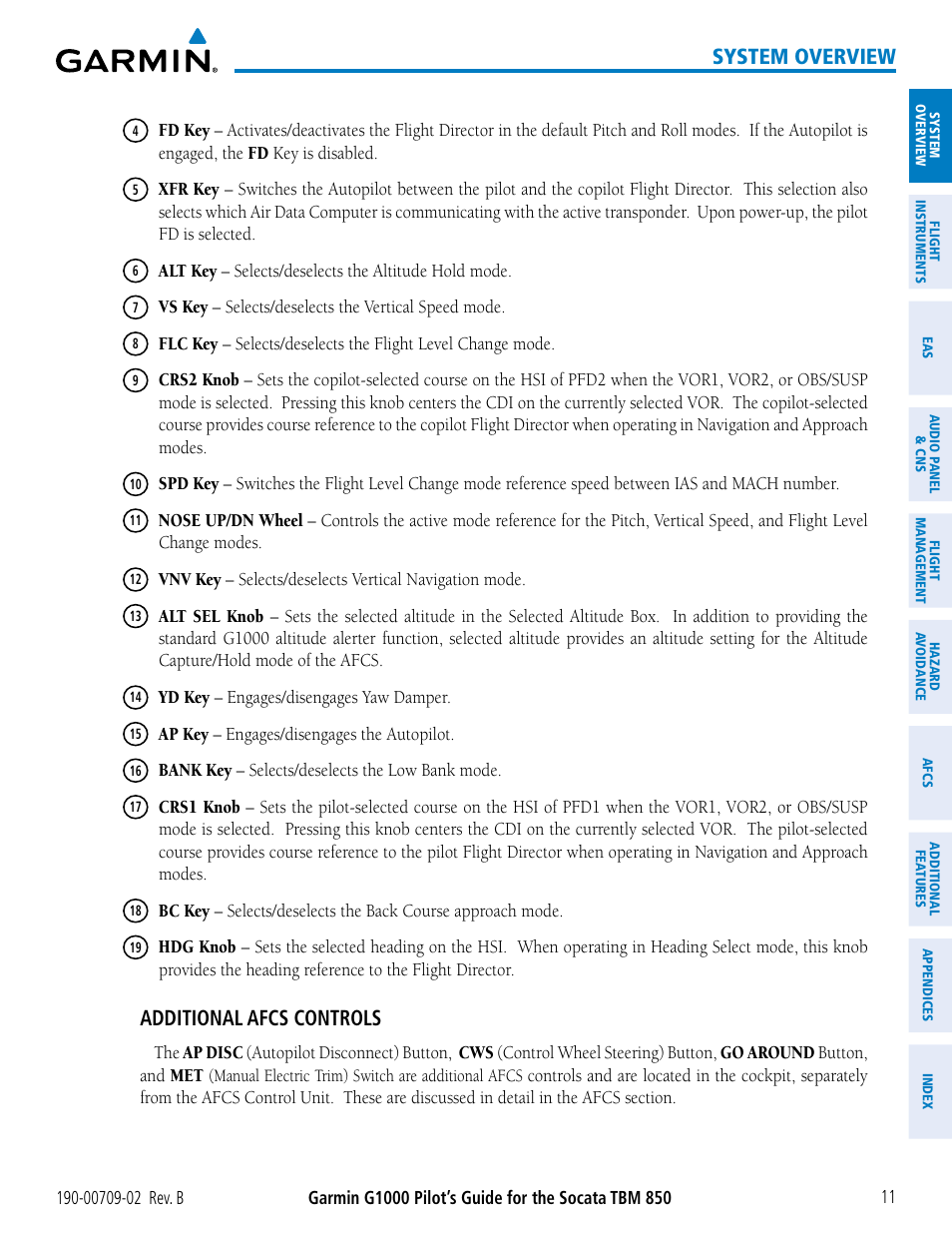 System overview, Additional afcs controls | Garmin G1000 Socata TBM 850 User Manual | Page 25 / 600