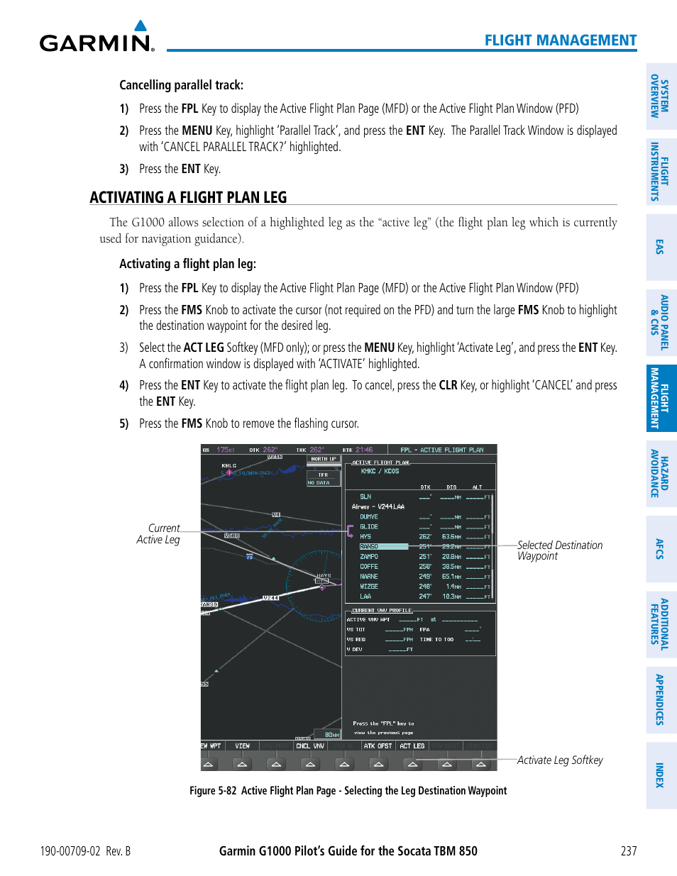 Activating a flight plan leg, Flight management | Garmin G1000 Socata TBM 850 User Manual | Page 251 / 600