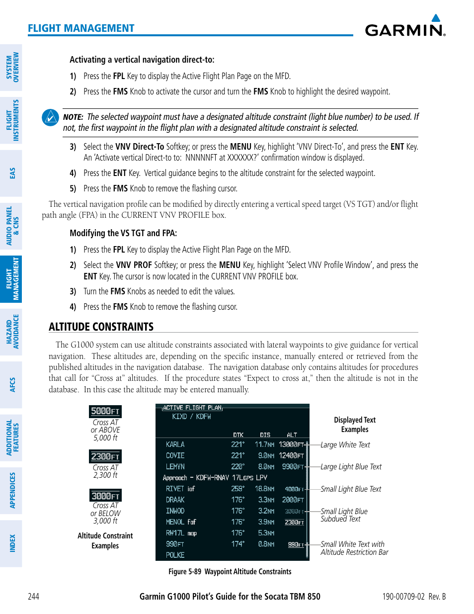 Altitude constraints, Flight management | Garmin G1000 Socata TBM 850 User Manual | Page 258 / 600