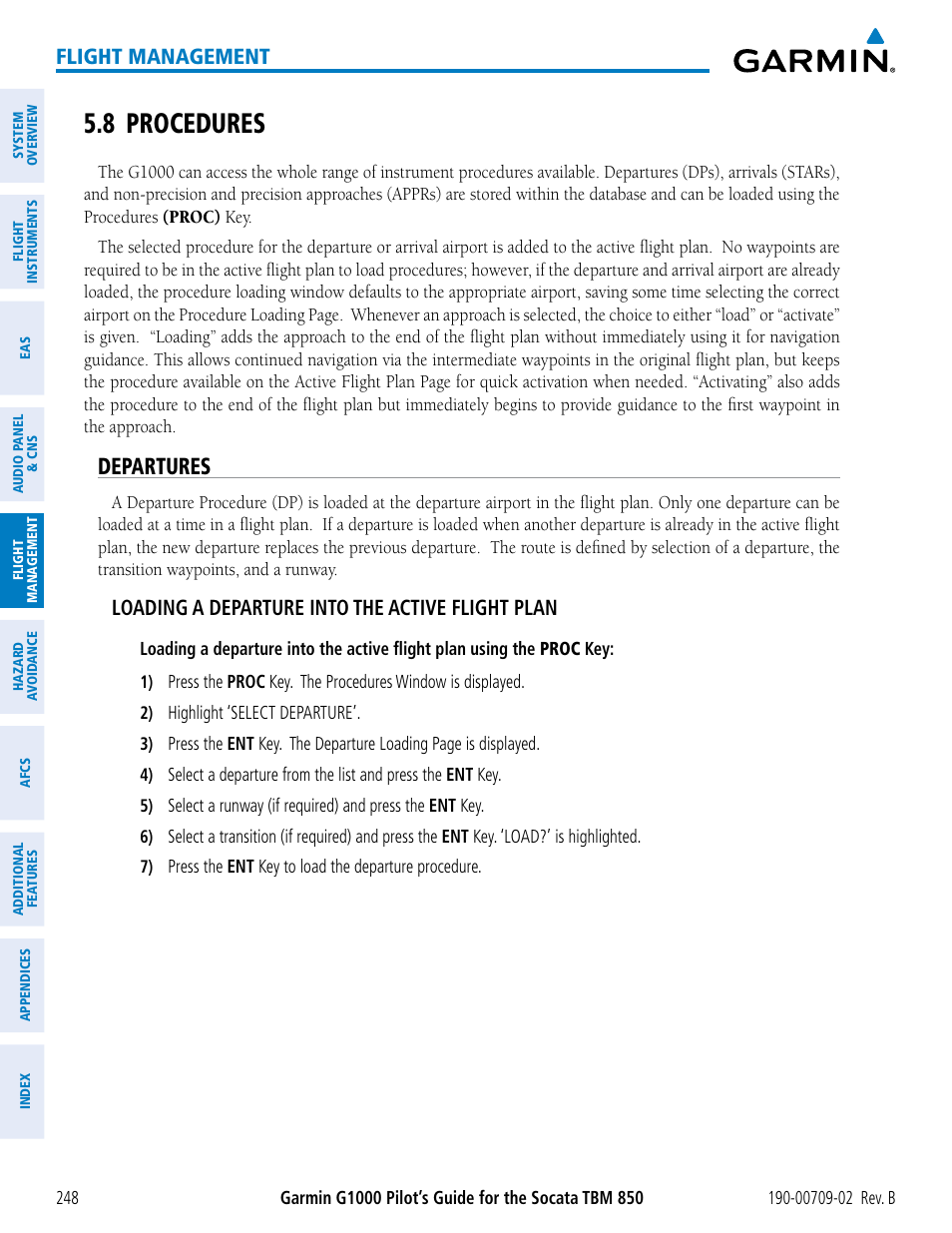 8 procedures, Departures, Flight management | Loading a departure into the active flight plan | Garmin G1000 Socata TBM 850 User Manual | Page 262 / 600