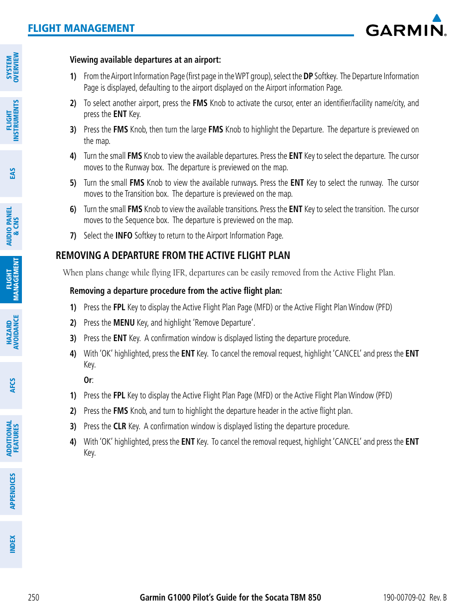 Flight management, Removing a departure from the active flight plan | Garmin G1000 Socata TBM 850 User Manual | Page 264 / 600