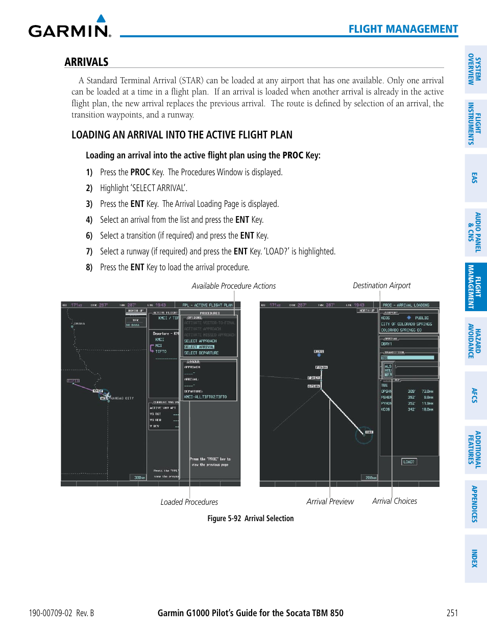 Arrivals, Flight management, Loading an arrival into the active flight plan | Garmin G1000 Socata TBM 850 User Manual | Page 265 / 600