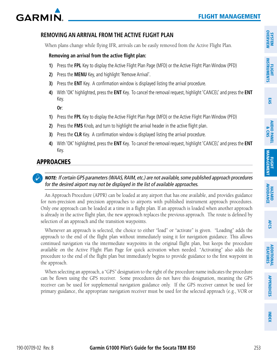 Approaches, Flight management, Removing an arrival from the active flight plan | Garmin G1000 Socata TBM 850 User Manual | Page 267 / 600