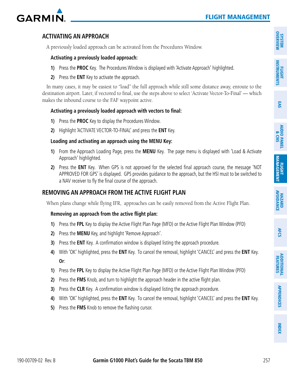 Flight management, Activating an approach, Removing an approach from the active flight plan | Garmin G1000 Socata TBM 850 User Manual | Page 271 / 600