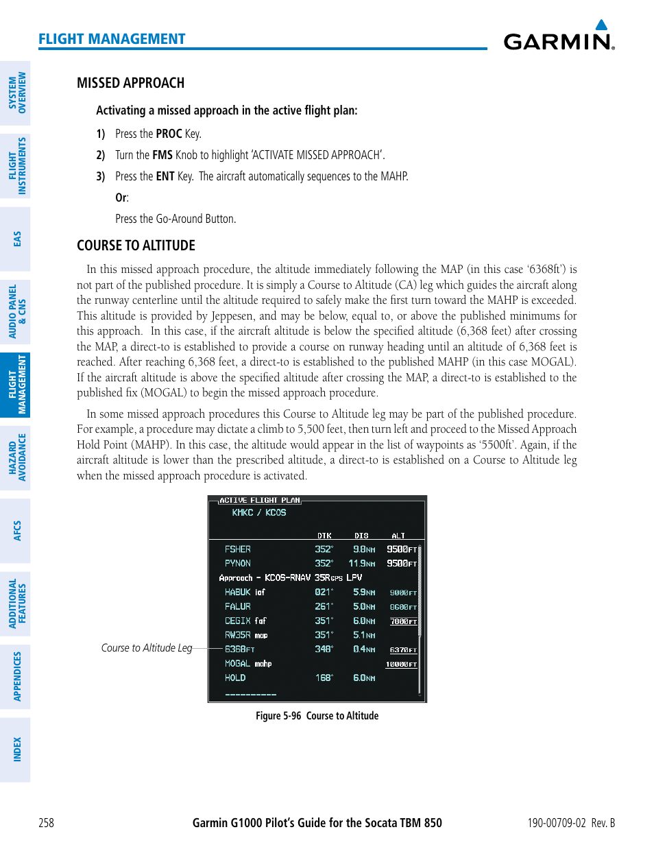 Flight management, Missed approach, Course to altitude | Garmin G1000 Socata TBM 850 User Manual | Page 272 / 600