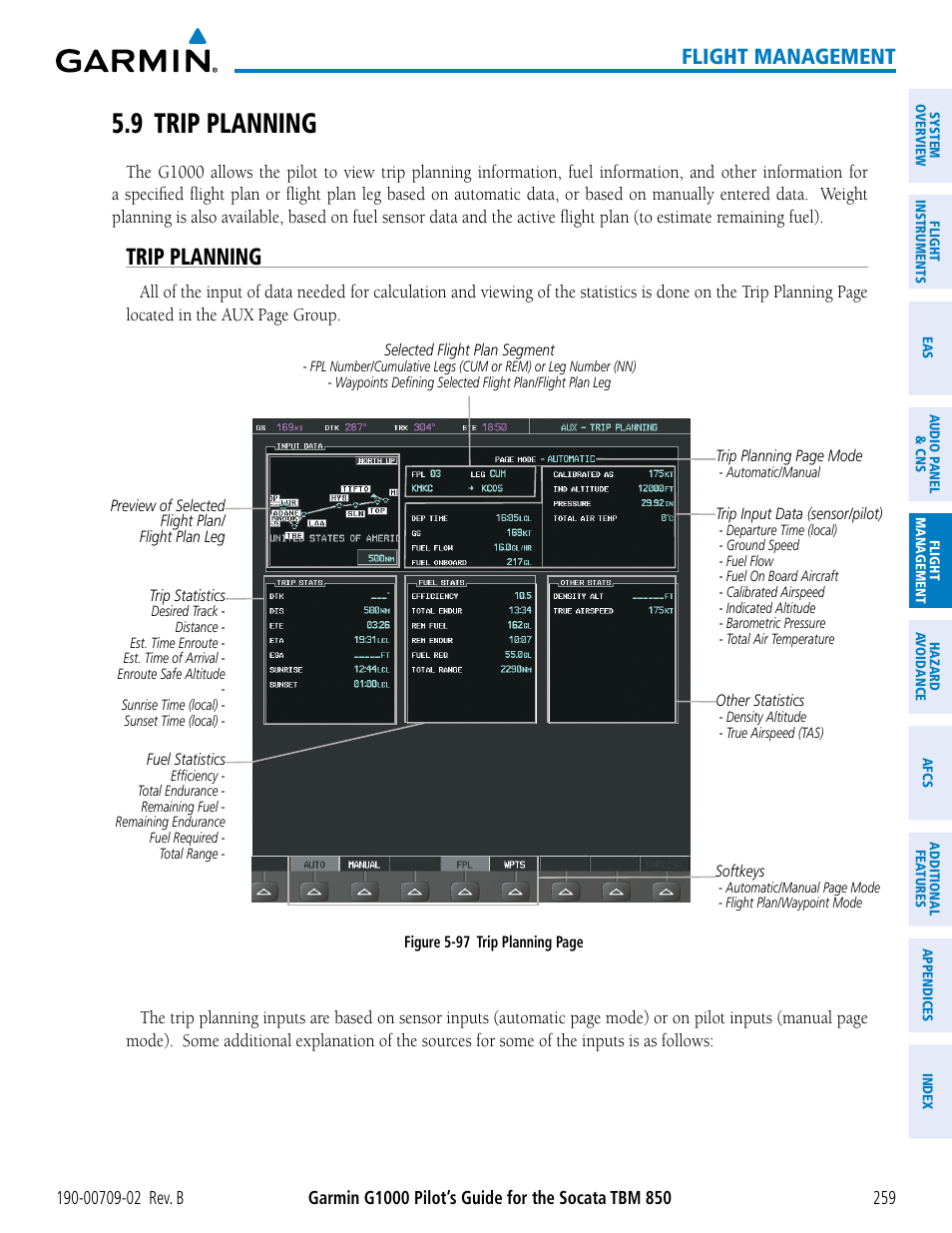 9 trip planning, Trip planning, Flight management | Garmin G1000 Socata TBM 850 User Manual | Page 273 / 600