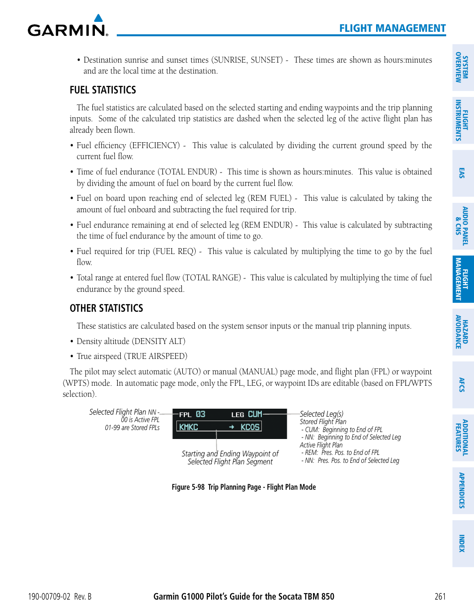 Flight management, Fuel statistics, Other statistics | Garmin G1000 Socata TBM 850 User Manual | Page 275 / 600