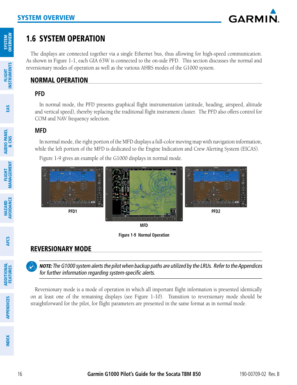 6 system operation, Normal operation, Reversionary mode | System overview | Garmin G1000 Socata TBM 850 User Manual | Page 30 / 600