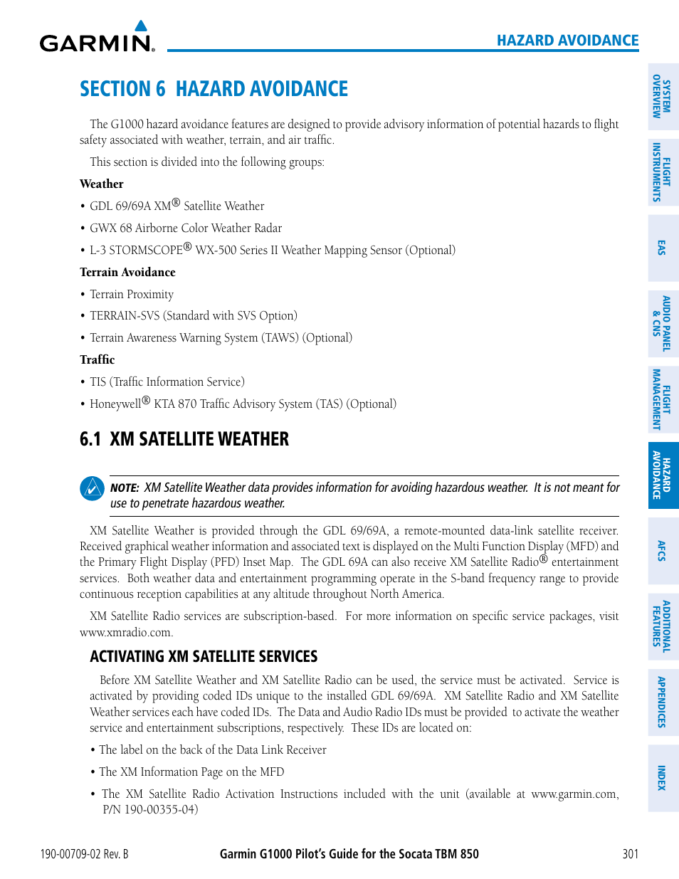 Section 6 hazard avoidance, 1 xm satellite weather, Activating xm satellite services | Hazard avoidance | Garmin G1000 Socata TBM 850 User Manual | Page 315 / 600