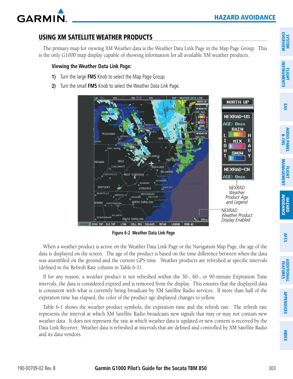 Using xm satellite weather products, Hazard avoidance | Garmin G1000 Socata TBM 850 User Manual | Page 317 / 600