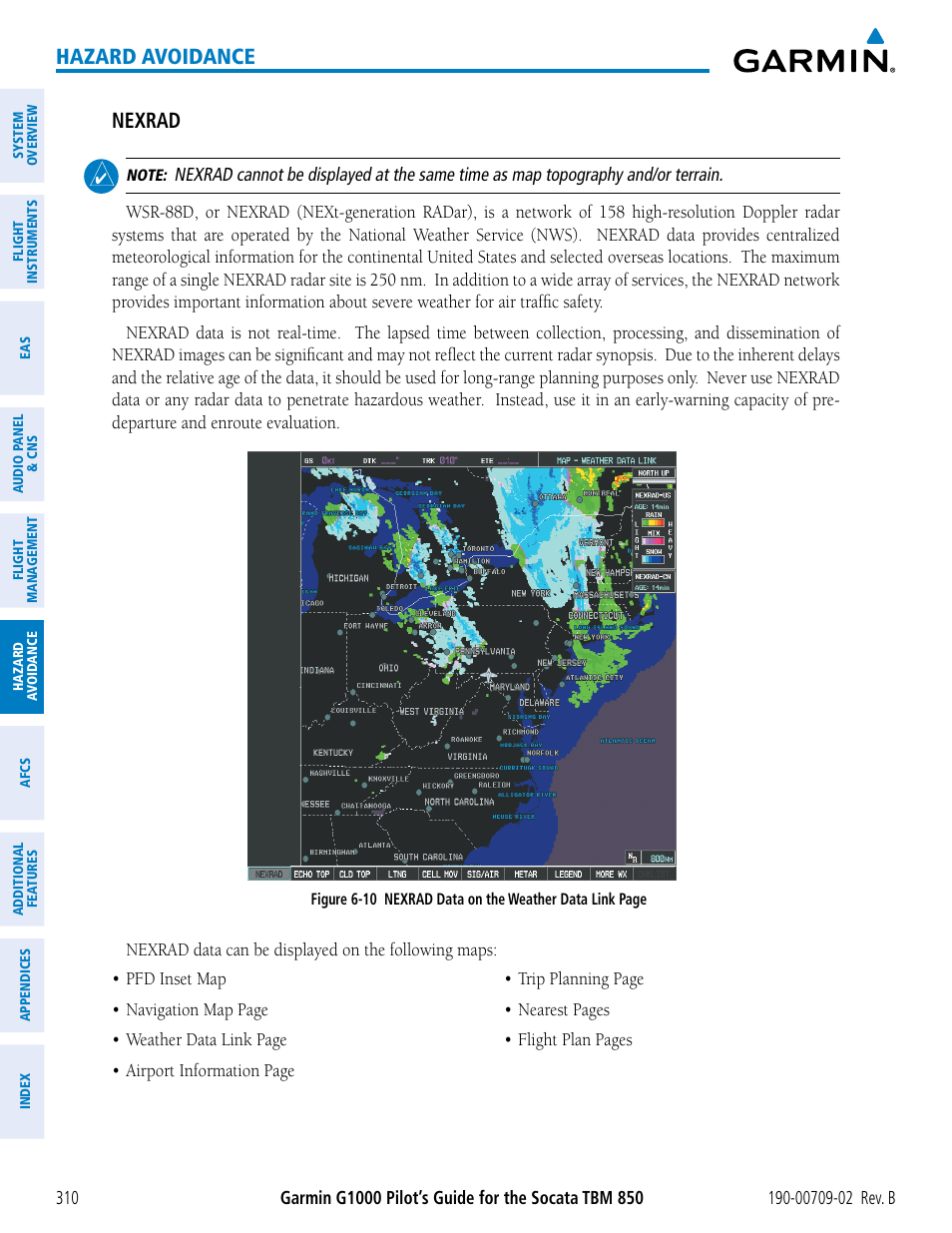 Hazard avoidance, Nexrad | Garmin G1000 Socata TBM 850 User Manual | Page 324 / 600