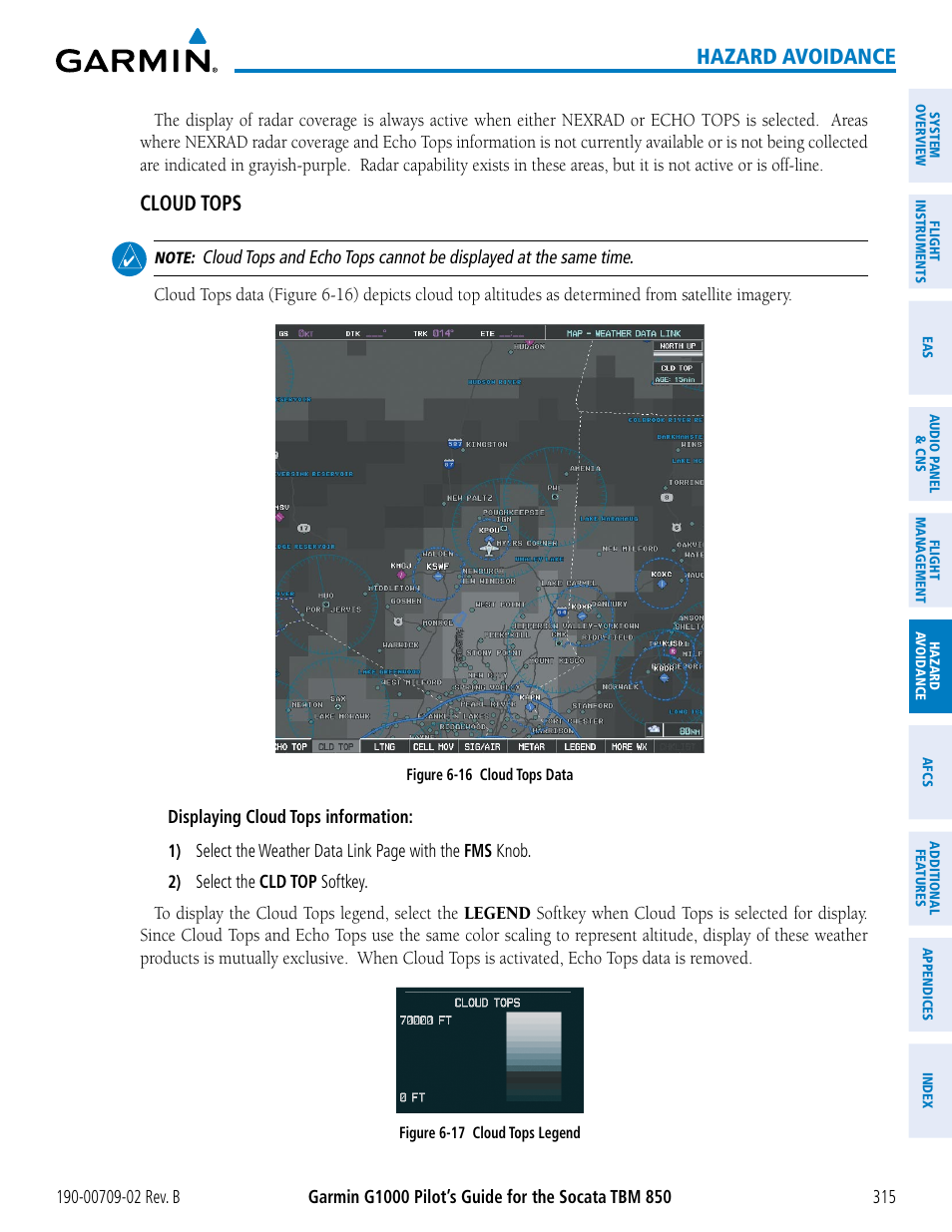 Hazard avoidance, Cloud tops | Garmin G1000 Socata TBM 850 User Manual | Page 329 / 600