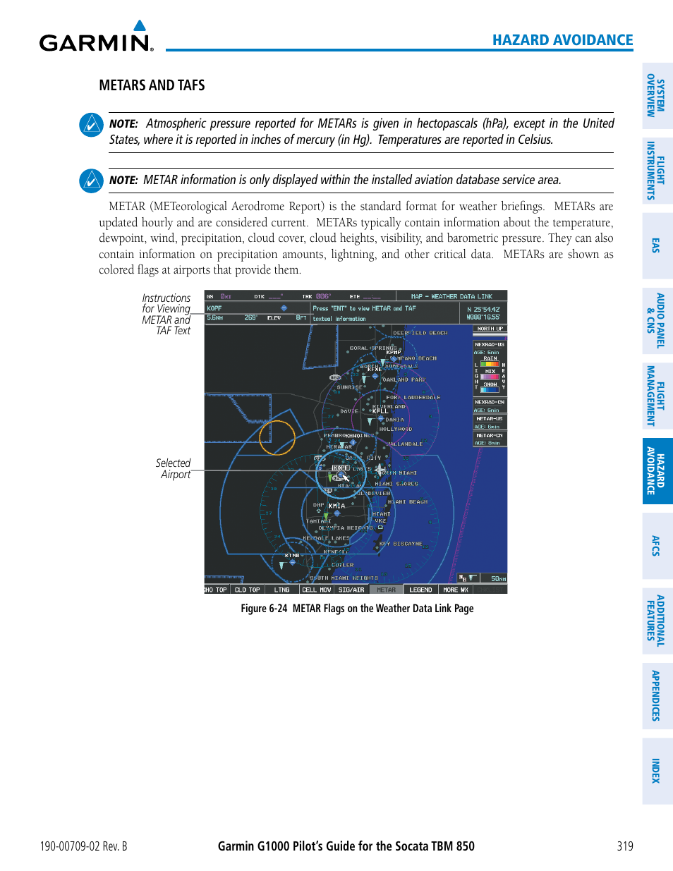 Hazard avoidance, Metars and tafs | Garmin G1000 Socata TBM 850 User Manual | Page 333 / 600