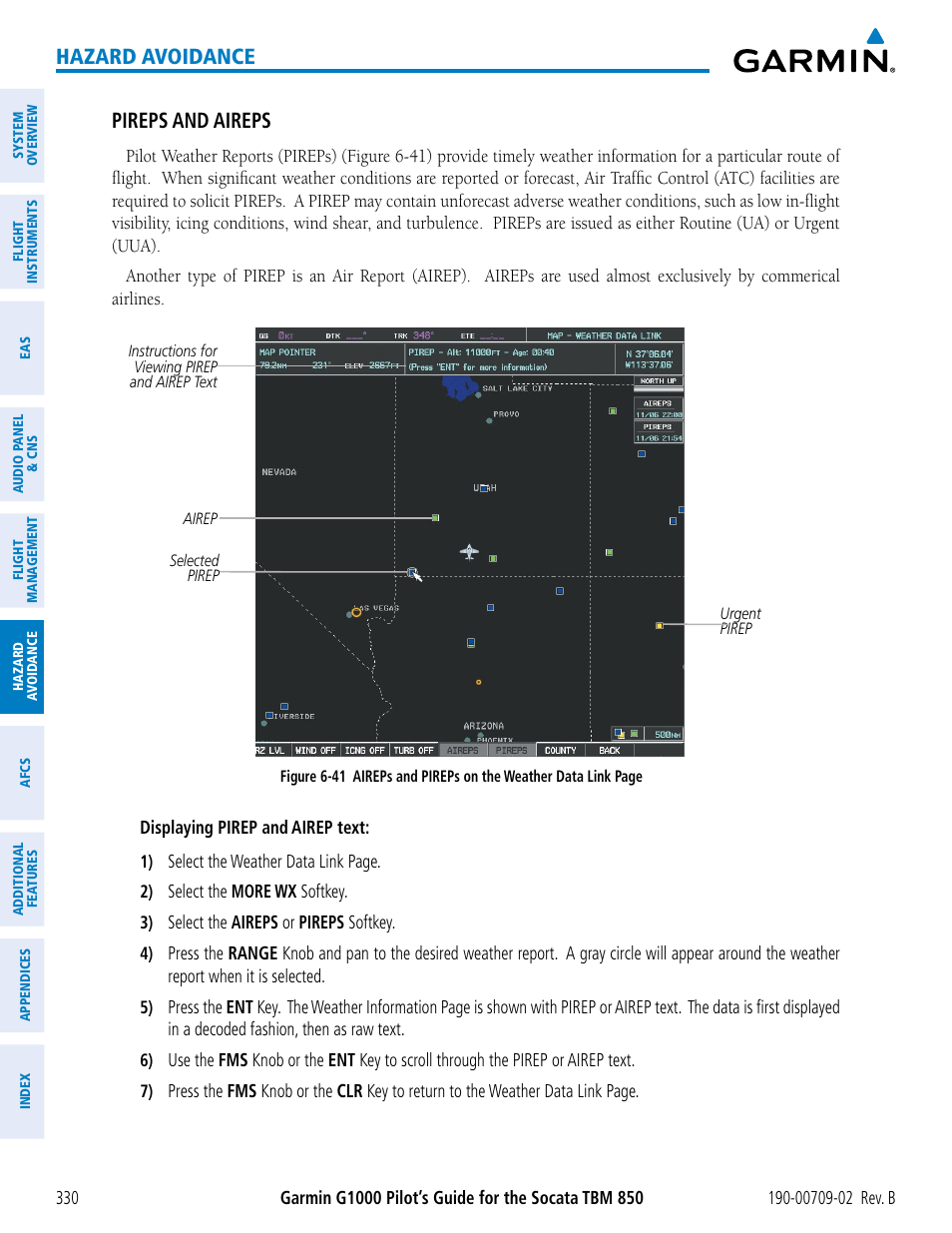 Hazard avoidance, Pireps and aireps | Garmin G1000 Socata TBM 850 User Manual | Page 344 / 600